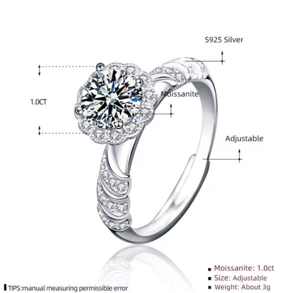 Sterling Silver High Quality 1ct 6.5mm Moissanite Engagement Flower Shape Rings - Image 2