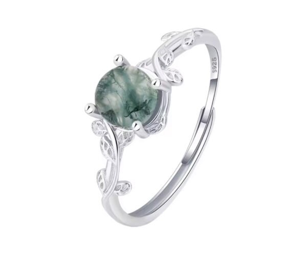 Retro Gemstone Ring Dainty Cubic Zirconia Round Natural Green Moss Agate - Image 3
