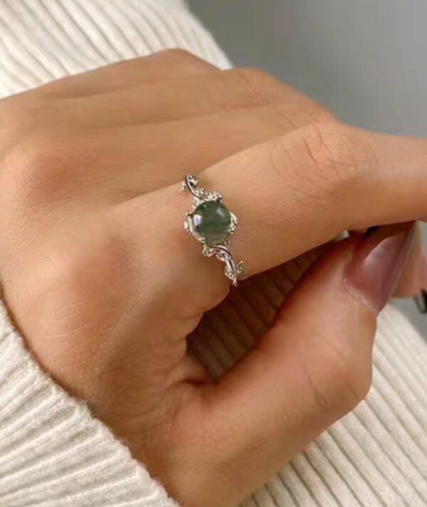 Retro Gemstone Ring Dainty Cubic Zirconia Round Natural Green Moss Agate - Image 2