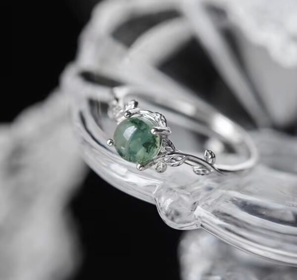 Retro Gemstone Ring Dainty Cubic Zirconia Round Natural Green Moss Agate - Image 4