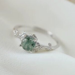 Retro Gemstone Ring Dainty Cubic Zirconia Round Natural Green Moss Agate