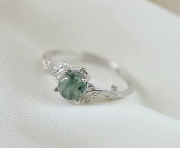 Retro Gemstone Ring Dainty Cubic Zirconia Round Natural Green Moss Agate