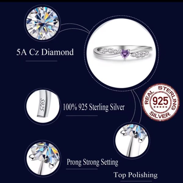 Dainty 925 Sterling Silver Cubic Zircon Purple Heart Shaped Ring - Image 2