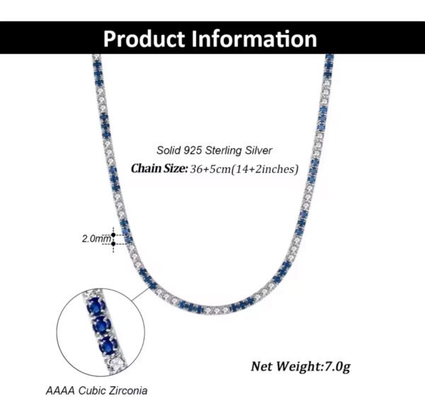 High Quality 925 Sterling Silver 2.0mm Tennis Chain Women's Blue and White Cubic Zirconia Tennis Necklace - Image 2