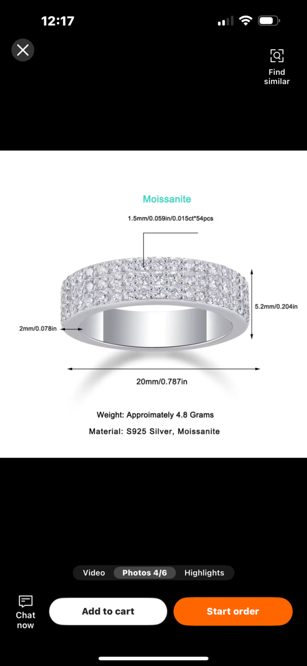 925 Sterling Silver Moissanite Fine Jewelry 3 Rows Half Eternity Wedding Ring - Image 2