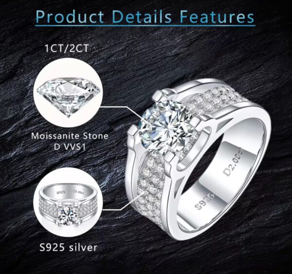Engagement Ring Side Zircon Gemstones Men Silver Ring 925 D VVS 1ct 2ct Moissanite Diamond Men Ring - Image 2