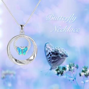 925 Sterling Silver Rhodium Plated Double Zircon Circle Opal Butterfly Pendant Necklace