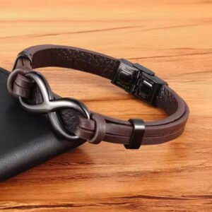 Men's Infinity Charm Stainless Steel Bracelet Genuine Leather
