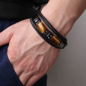 Retro Jewellery Natural Tiger Eye Stone Men's Stainless Steel Bracelet Charm Classic Multi-layer Braided Black Leather Bracelet