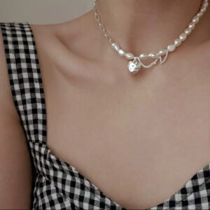 925 Sterling Silver Love Heart Baroque Pearl Bracelets Chain Choker Necklace for Women