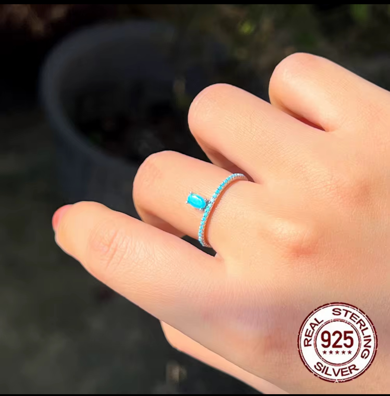 Oval Shape Blue Turquoise Ring 925 Sterling Silver - Image 4