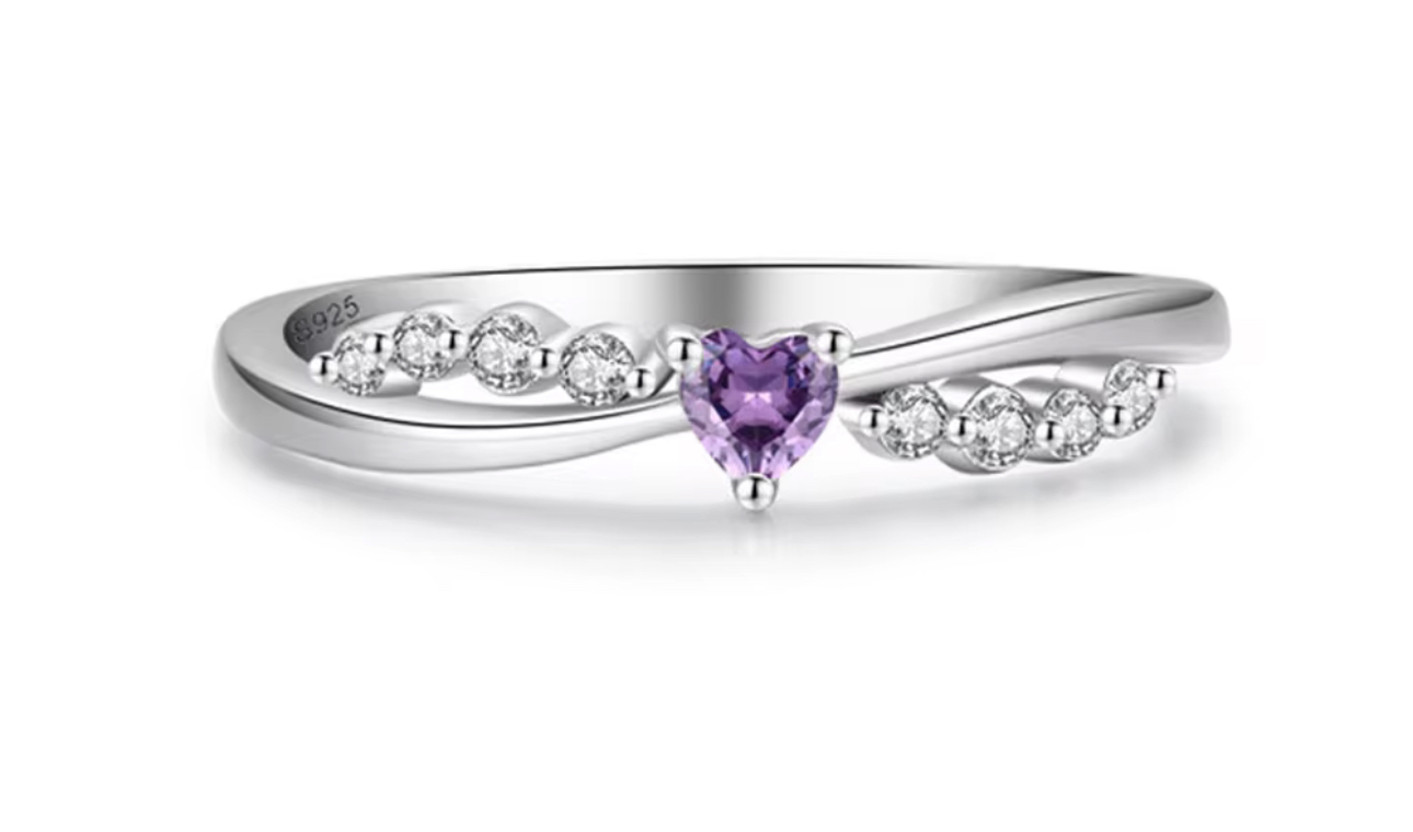 Dainty 925 Sterling Silver Cubic Zircon Purple Heart Shaped Ring - Image 9