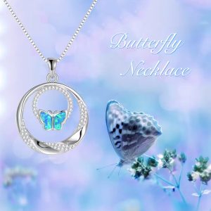 925 Sterling Silver Rhodium Plated Double Zircon Circle Opal Butterfly Pendant Necklace