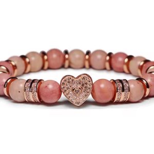 High Quality Natural Stone CZ Pave Heart Love Charm Beaded Elastic Custom Bracelet