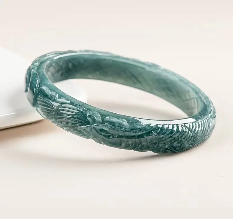 Natural Jadeite Bluewater Three-dimensional Carved Phoenix Bracelet - Image 5