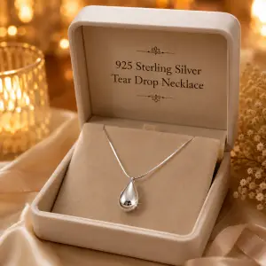Snake Chain 925 Sterling Silver Tear-Drop Glossy Pendant