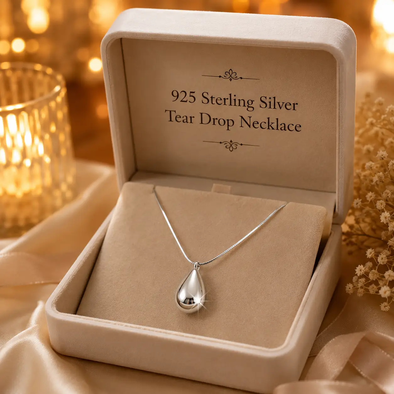 Snake Chain 925 Sterling Silver Tear-Drop Glossy Pendant