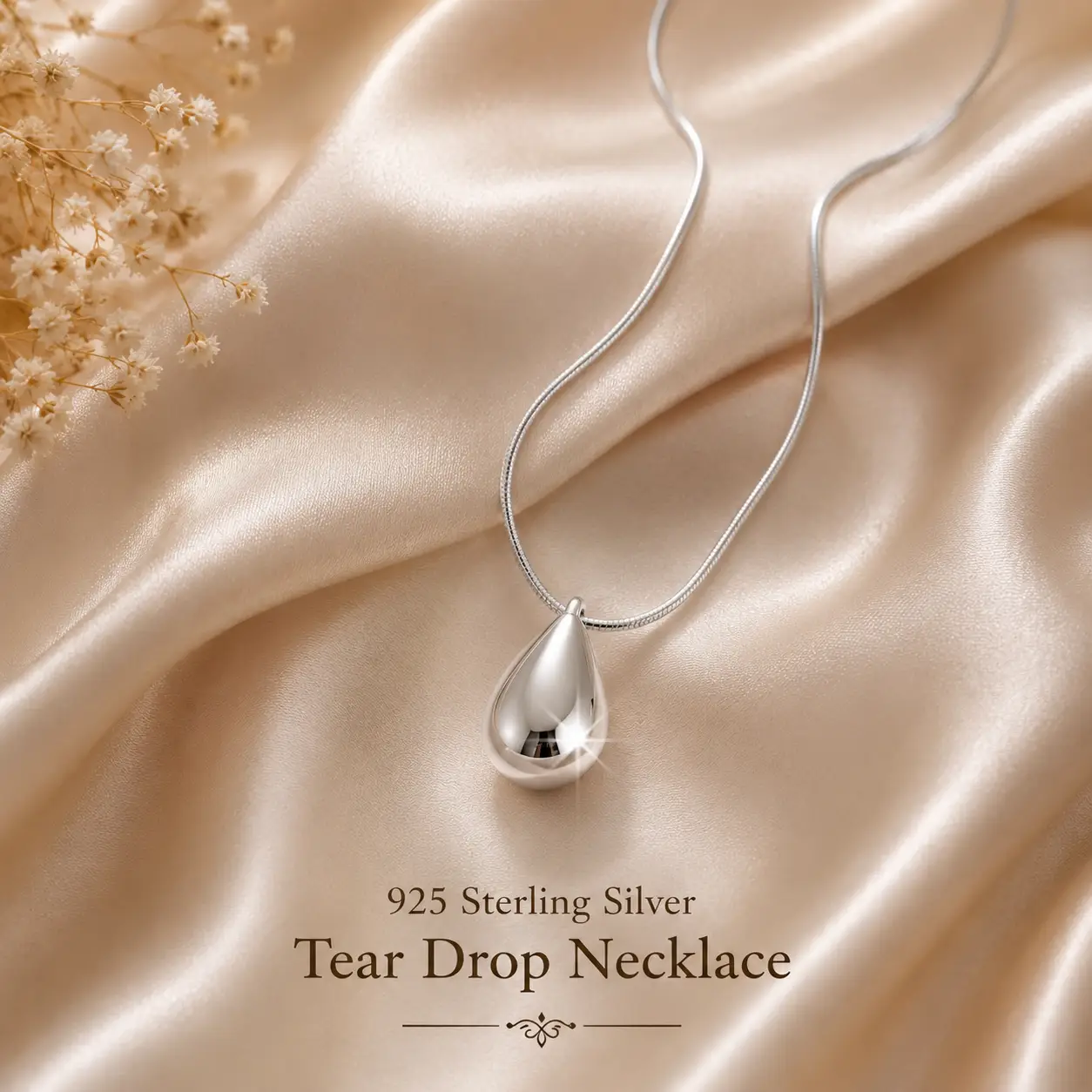 Snake Chain 925 Sterling Silver Tear-Drop Glossy Pendant - Image 4