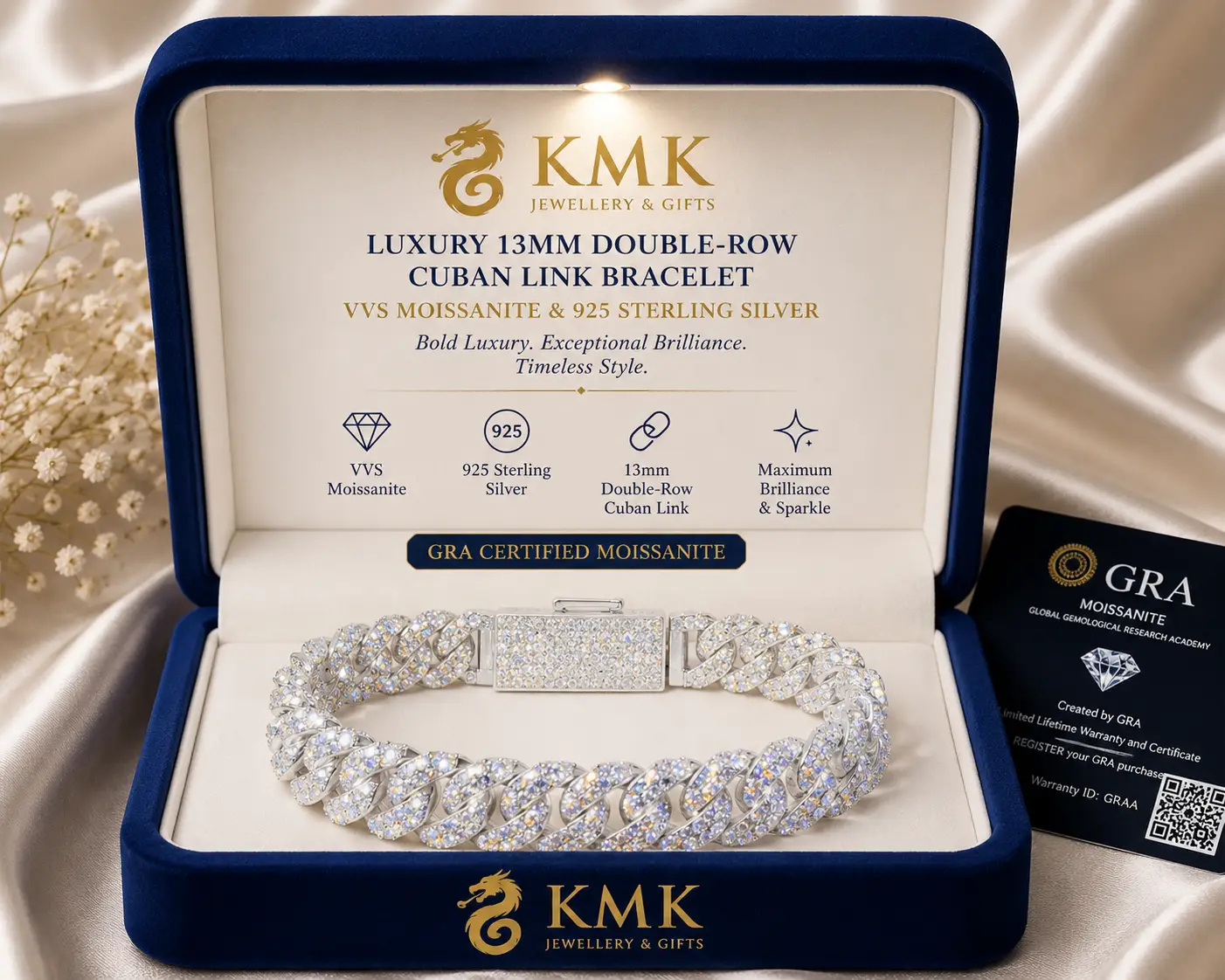 13mm 2 Rows 925 Solid Silver Iced Out Hip Hop Jewellery VVS1 Moissanite Diamond Cuban Link Chain Bracelet Men