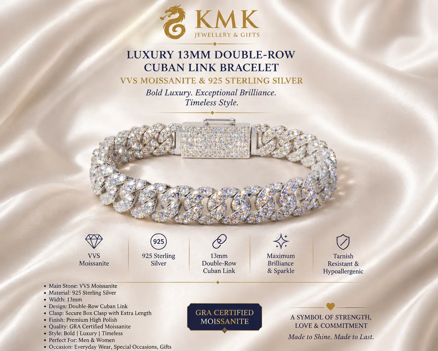 13mm 2 Rows 925 Solid Silver Iced Out Hip Hop Jewellery VVS1 Moissanite Diamond Cuban Link Chain Bracelet Men - Image 4