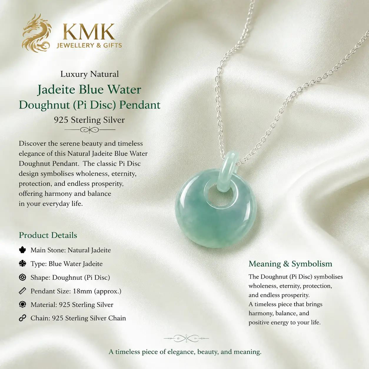 Luxury Natural Jadeite Blue Water Doughnut (Pi Disc) Pendant – 925 Sterling Silver - Image 3