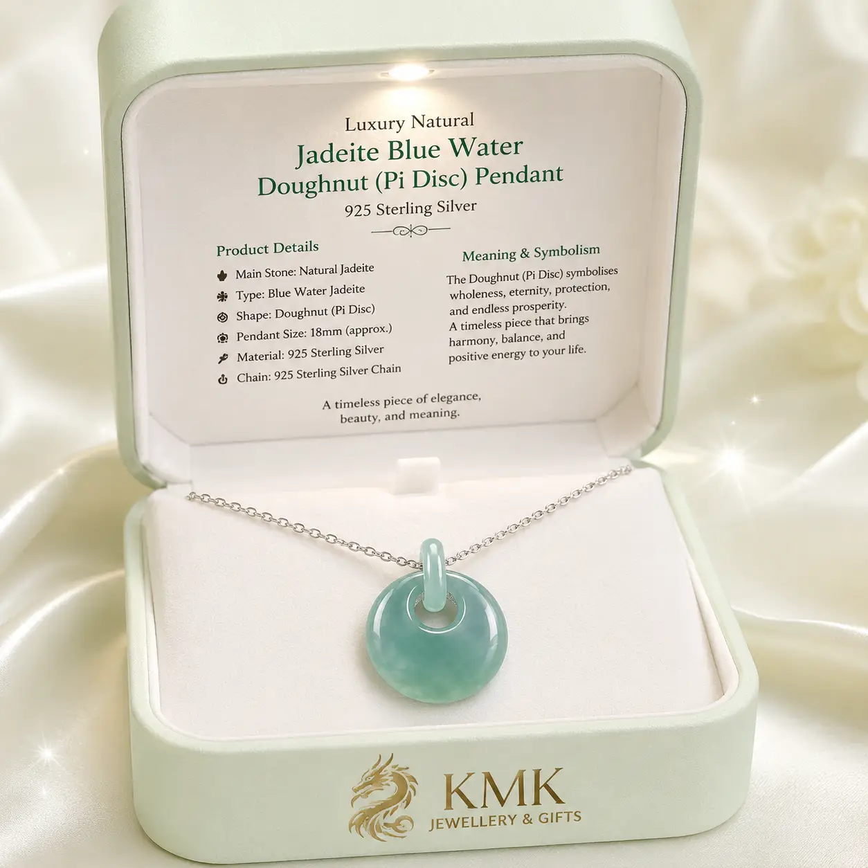 Luxury Natural Jadeite Blue Water Doughnut (Pi Disc) Pendant – 925 Sterling Silver