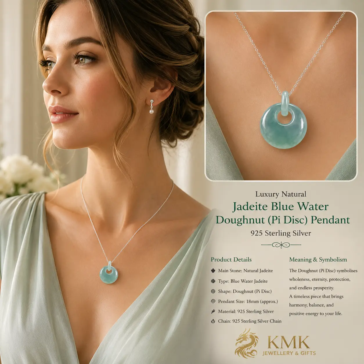 Luxury Natural Jadeite Blue Water Doughnut (Pi Disc) Pendant – 925 Sterling Silver - Image 2