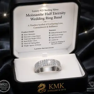 925 Sterling Silver Moissanite Fine Jewelry 3 Rows Half Eternity Wedding Ring