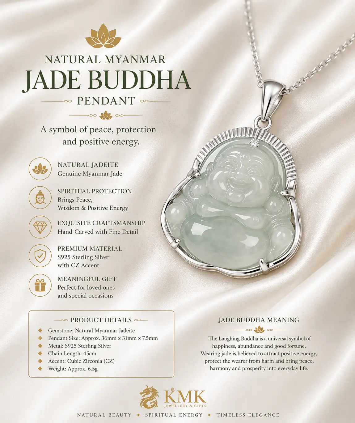 Natural Mynmar Jade Buddha Pendant S925 Silver Inlaid