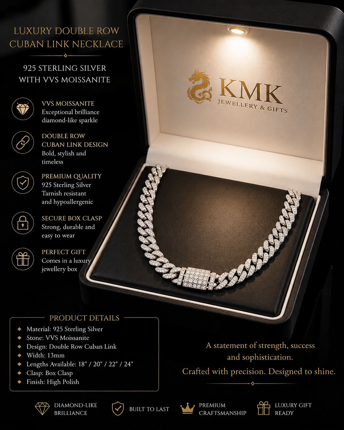 Luxury Double Row Cuban Link Necklace – 925 Sterling Silver with VVS Moissanite
