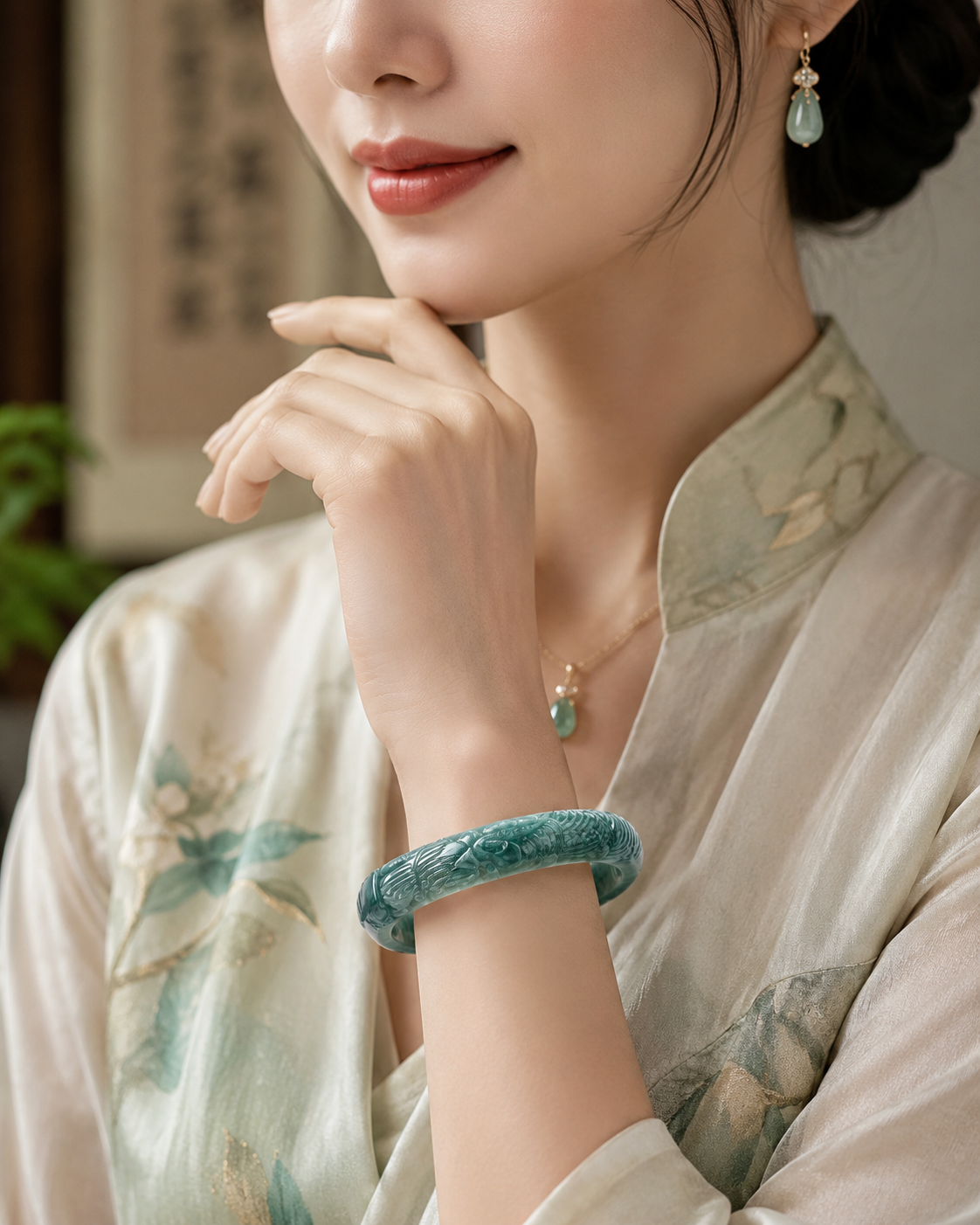 Natural Jadeite Bluewater Three-dimensional Carved Phoenix Bracelet - Image 2