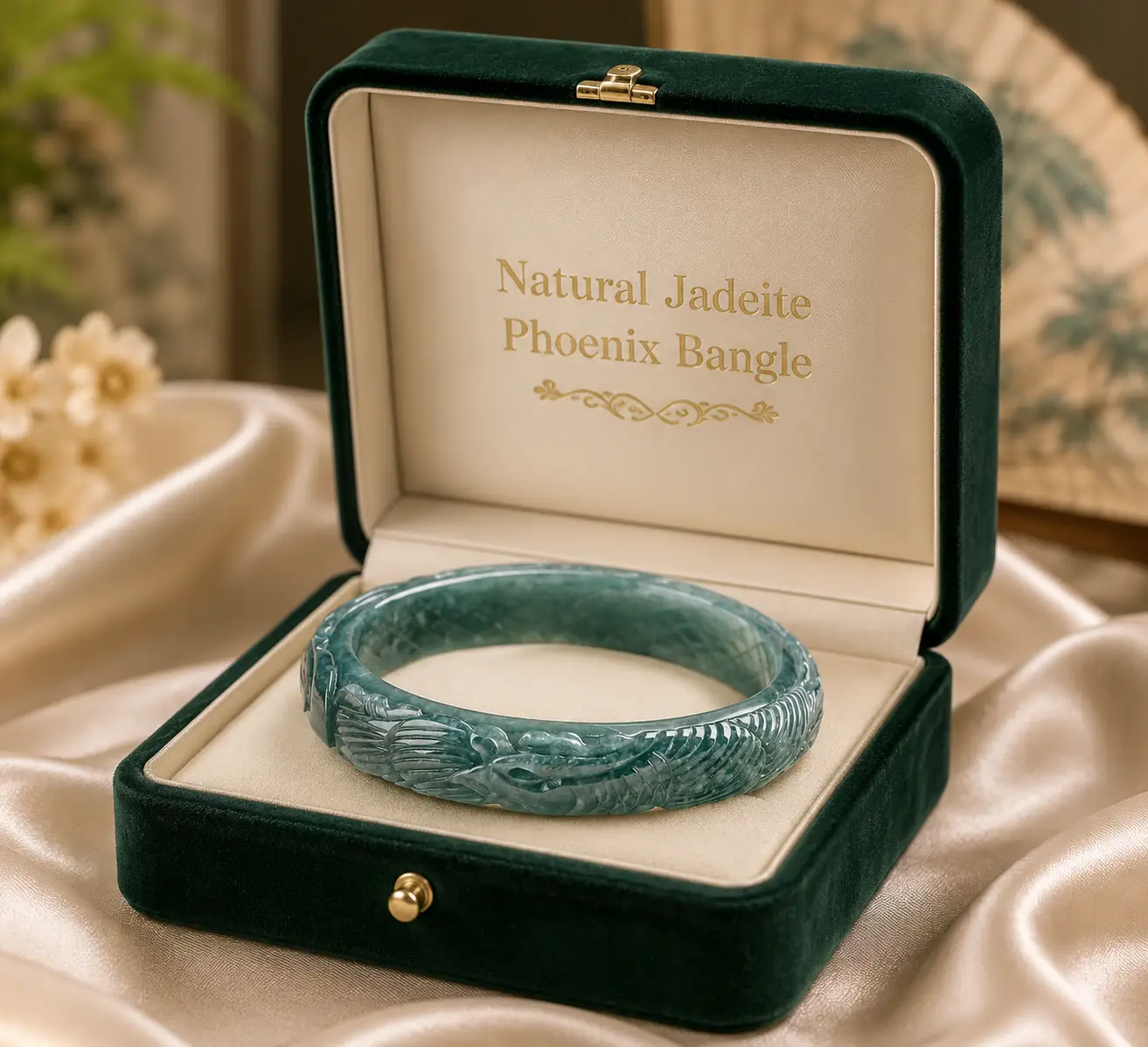 Natural Jadeite Bluewater Three-dimensional Carved Phoenix Bracelet