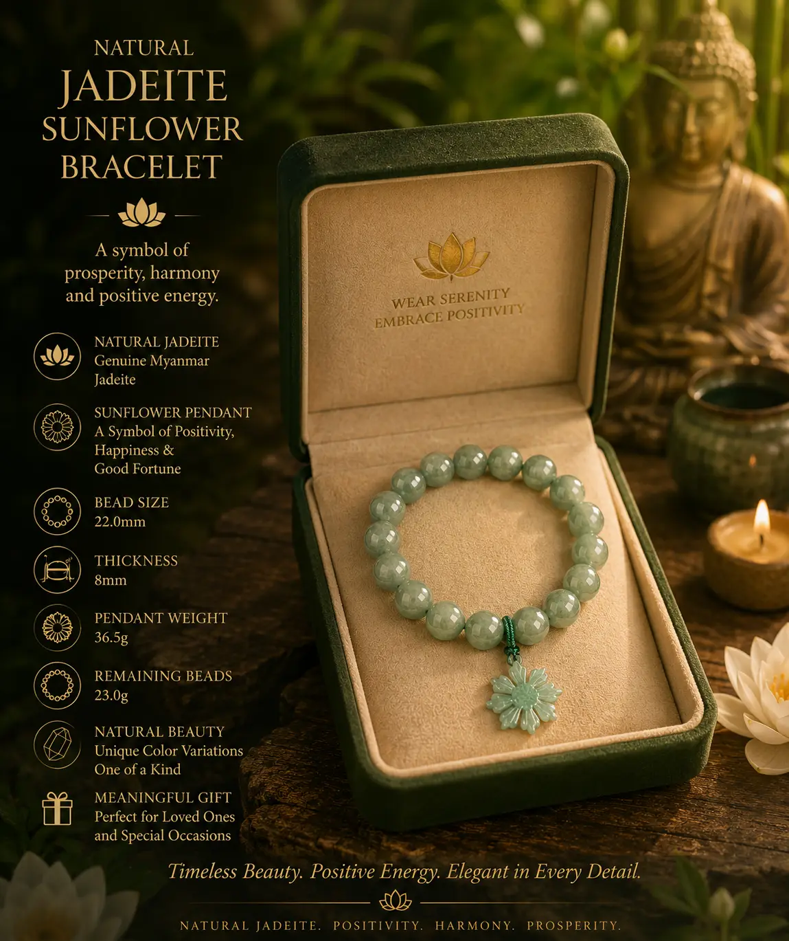 Natural Jadeite UNISEX Jade Bracelet Green Sunflower Original Design - Image 6