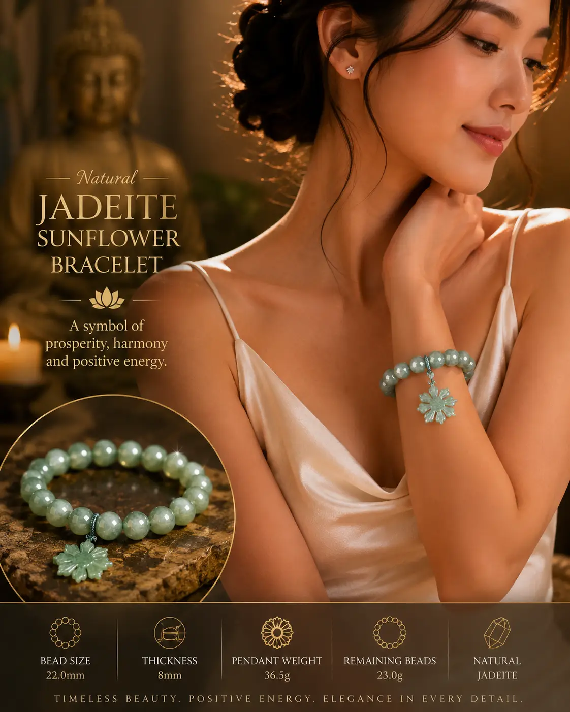 Natural Jadeite UNISEX Jade Bracelet Green Sunflower Original Design