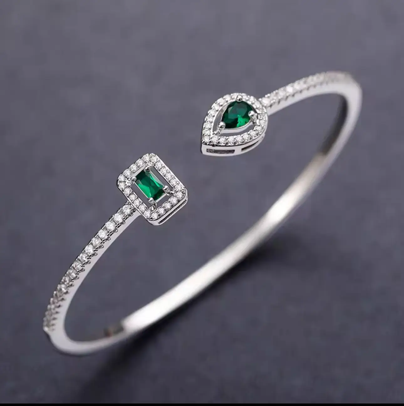 Luxury Pear Shaped Lab Grown Emerald 925 Sterling Silver Open Bangle - Image 6
