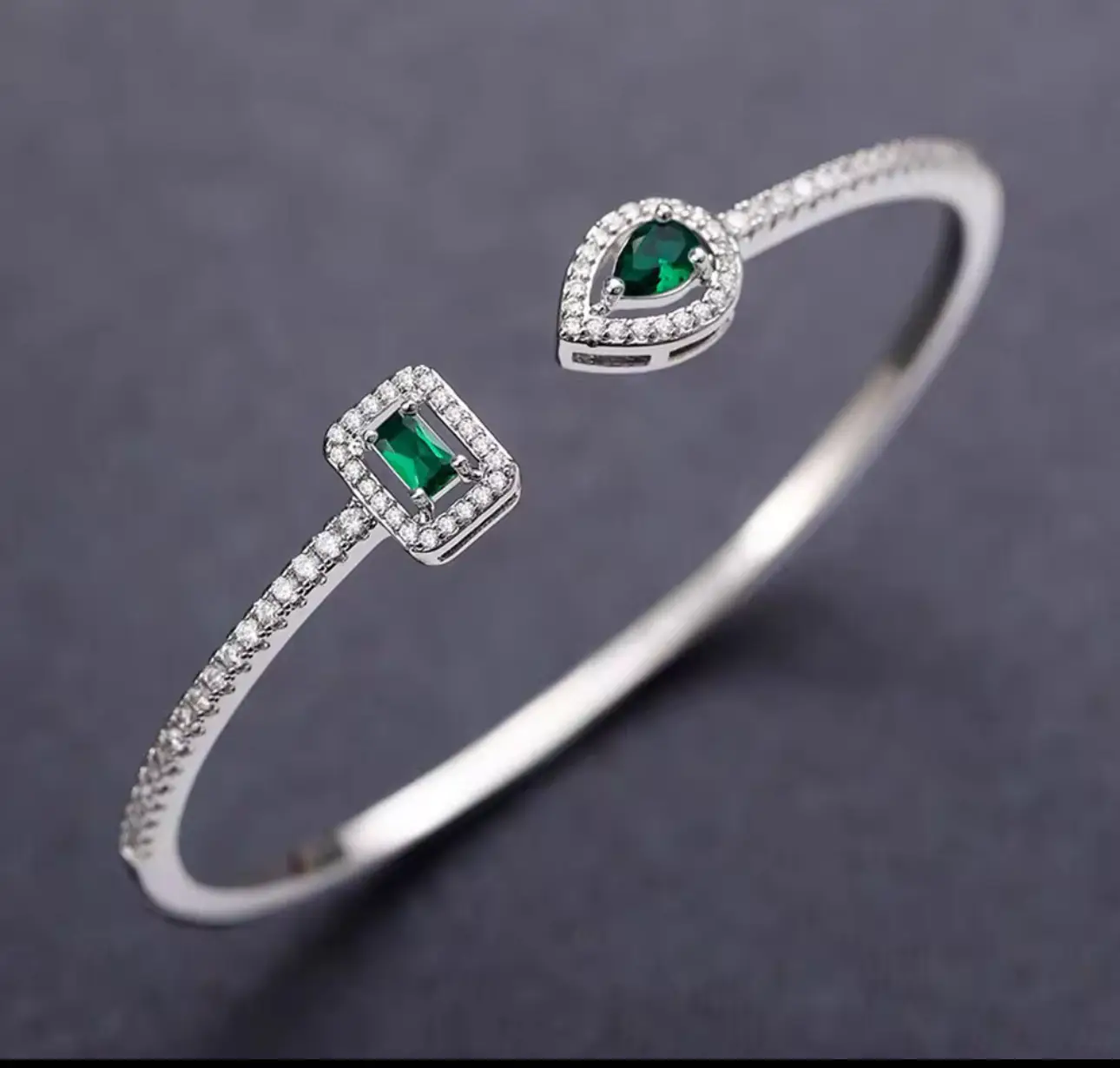 Luxury Pear Shaped Lab Grown Emerald 925 Sterling Silver Open Bangle - Image 7