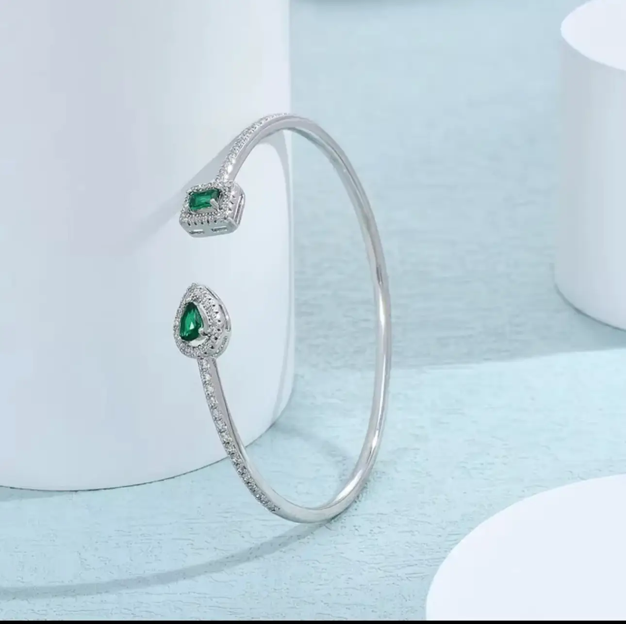 Luxury Pear Shaped Lab Grown Emerald 925 Sterling Silver Open Bangle - Image 10