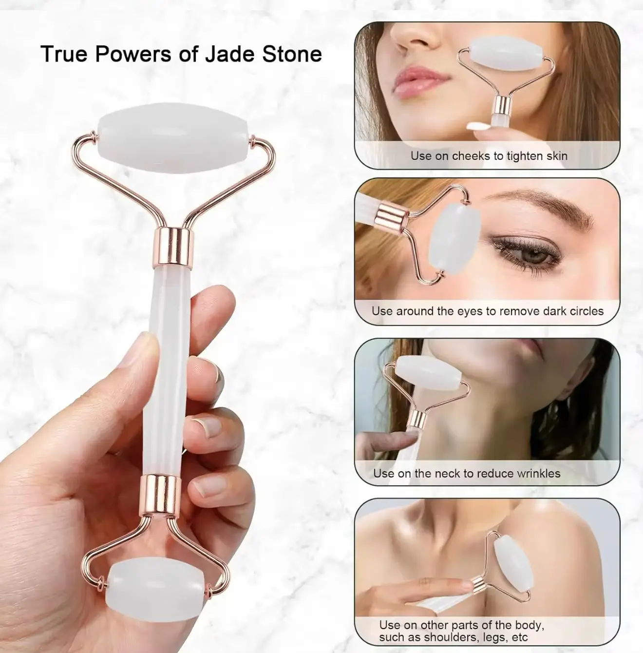 Natural Rose Quarts and White Jade Double Head Massage Roller for Face Beauty - Image 4