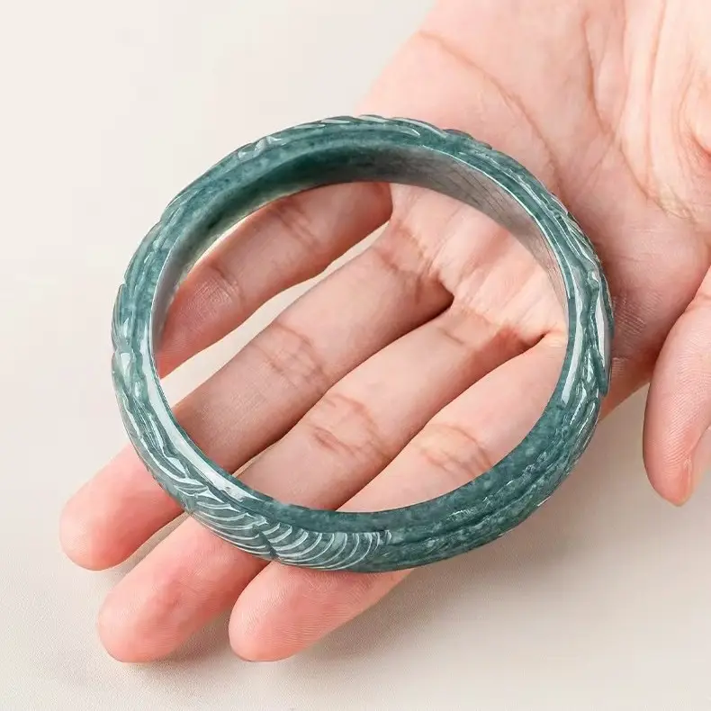 Natural Jadeite Bluewater Three-dimensional Carved Phoenix Bracelet - Image 7