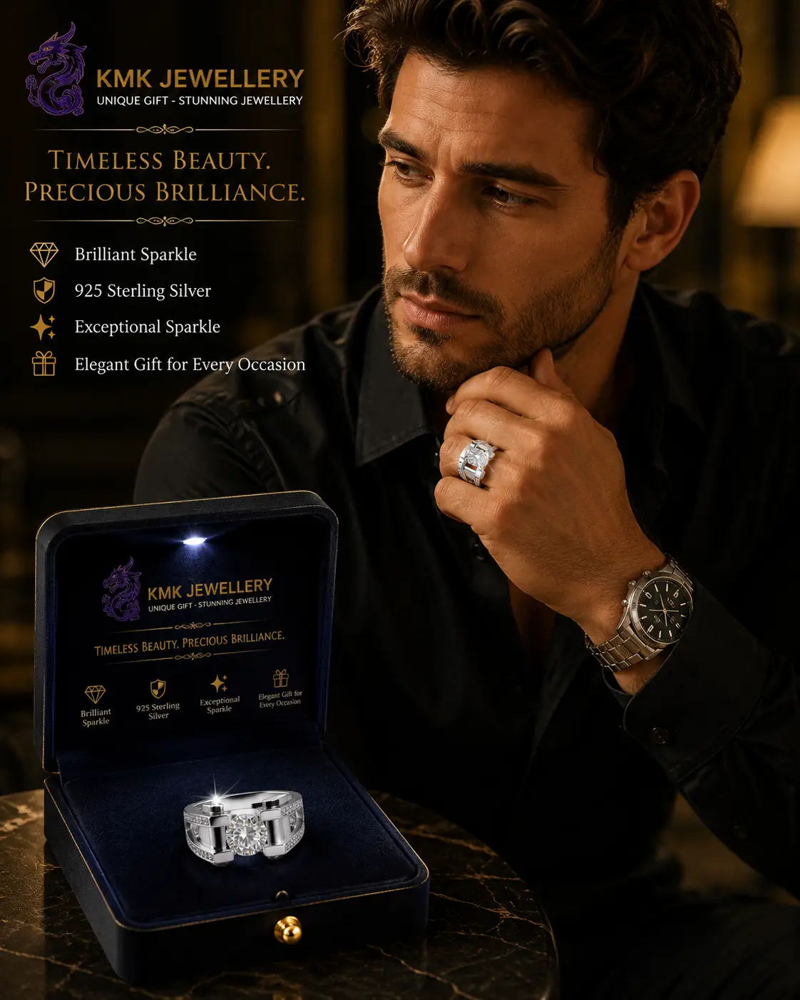 White Gold S925 Silver Rings DVVS1 Moissanite 1CT 2CT Round Shape Moissanite Stones Men Silver 925 Ring