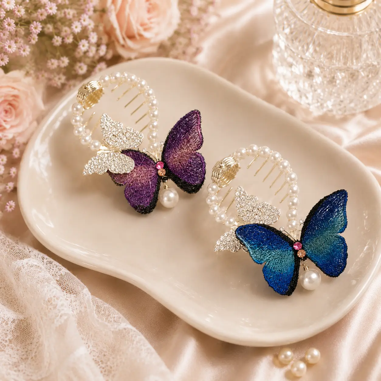 Fashion Hair Clips Accessories Rhinestone Butterfly Hair Clips Luxury Pearl Hair Claw Clips for Women Ladies