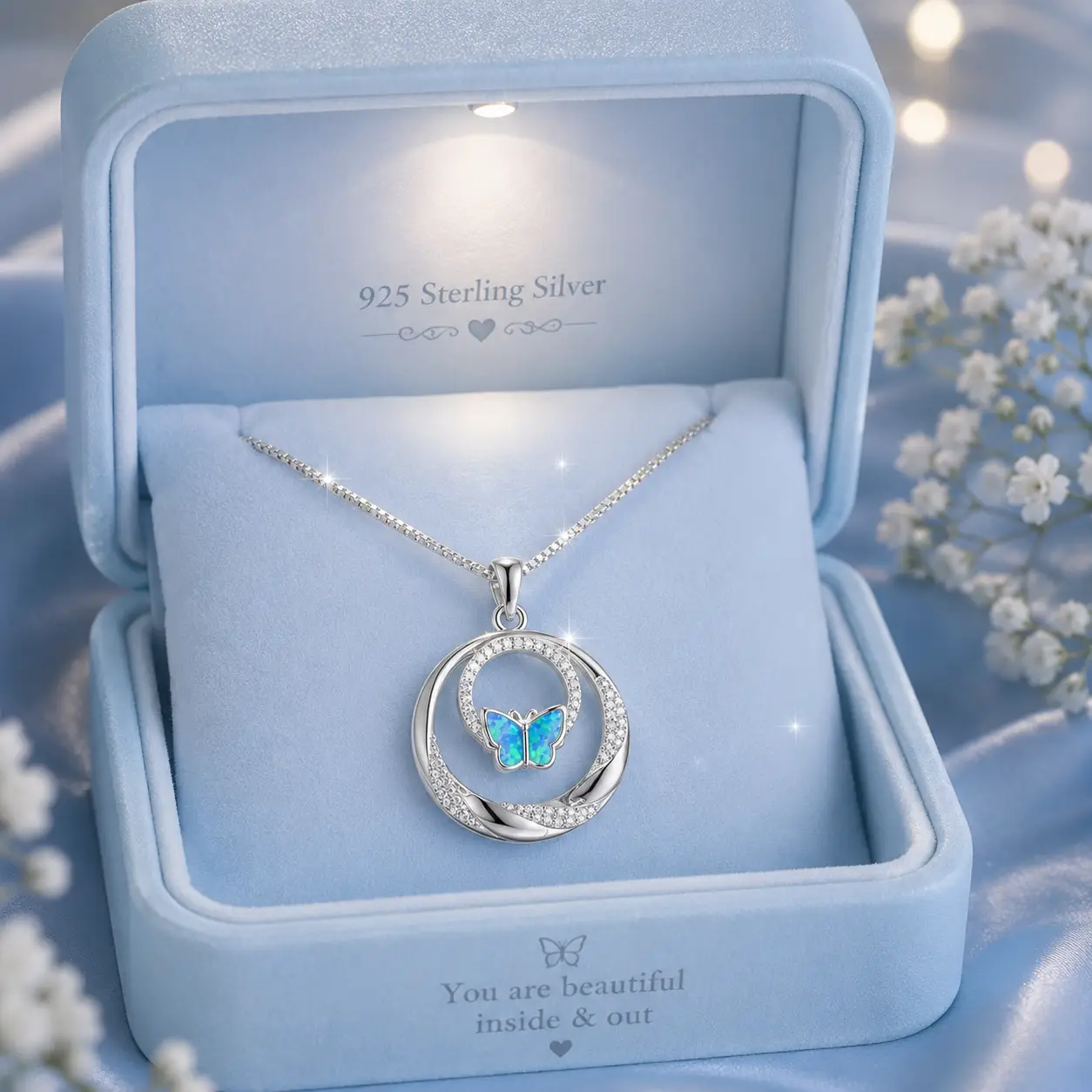 925 Sterling Silver Rhodium Plated Double Zircon Circle Opal Butterfly Pendant Necklace