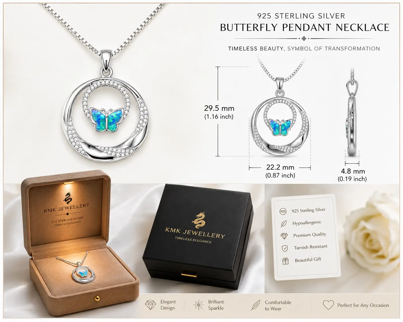 925 Sterling Silver Rhodium Plated Double Zircon Circle Opal Butterfly Pendant Necklace - Image 3