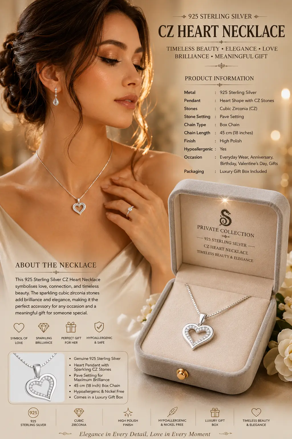 European Jewellery Cz Heart Shape Pendant Necklace Chain White Gold 925 Sterling Silver Romantic Zircon Charm Necklaces - Image 2