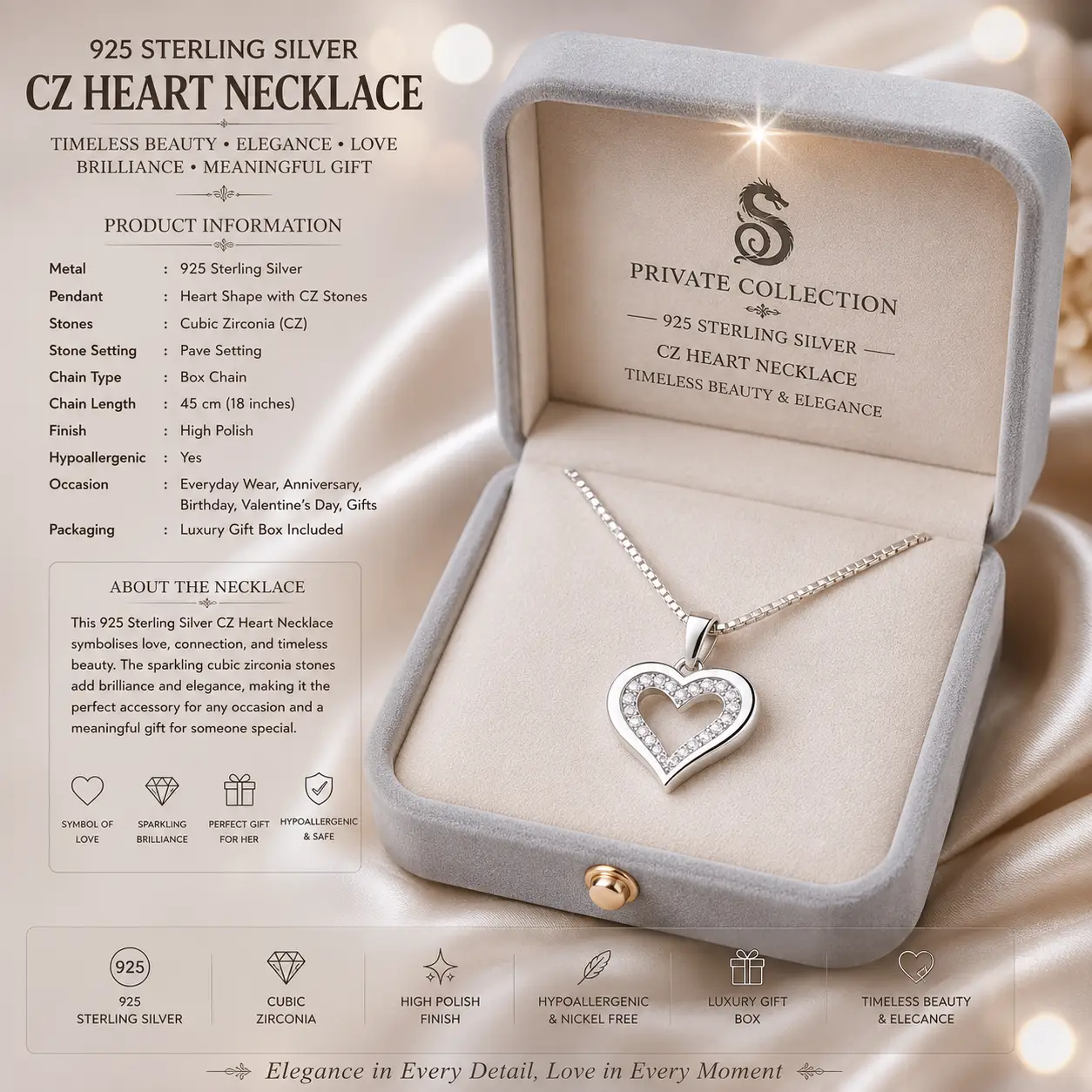 European Jewellery Cz Heart Shape Pendant Necklace Chain White Gold 925 Sterling Silver Romantic Zircon Charm Necklaces