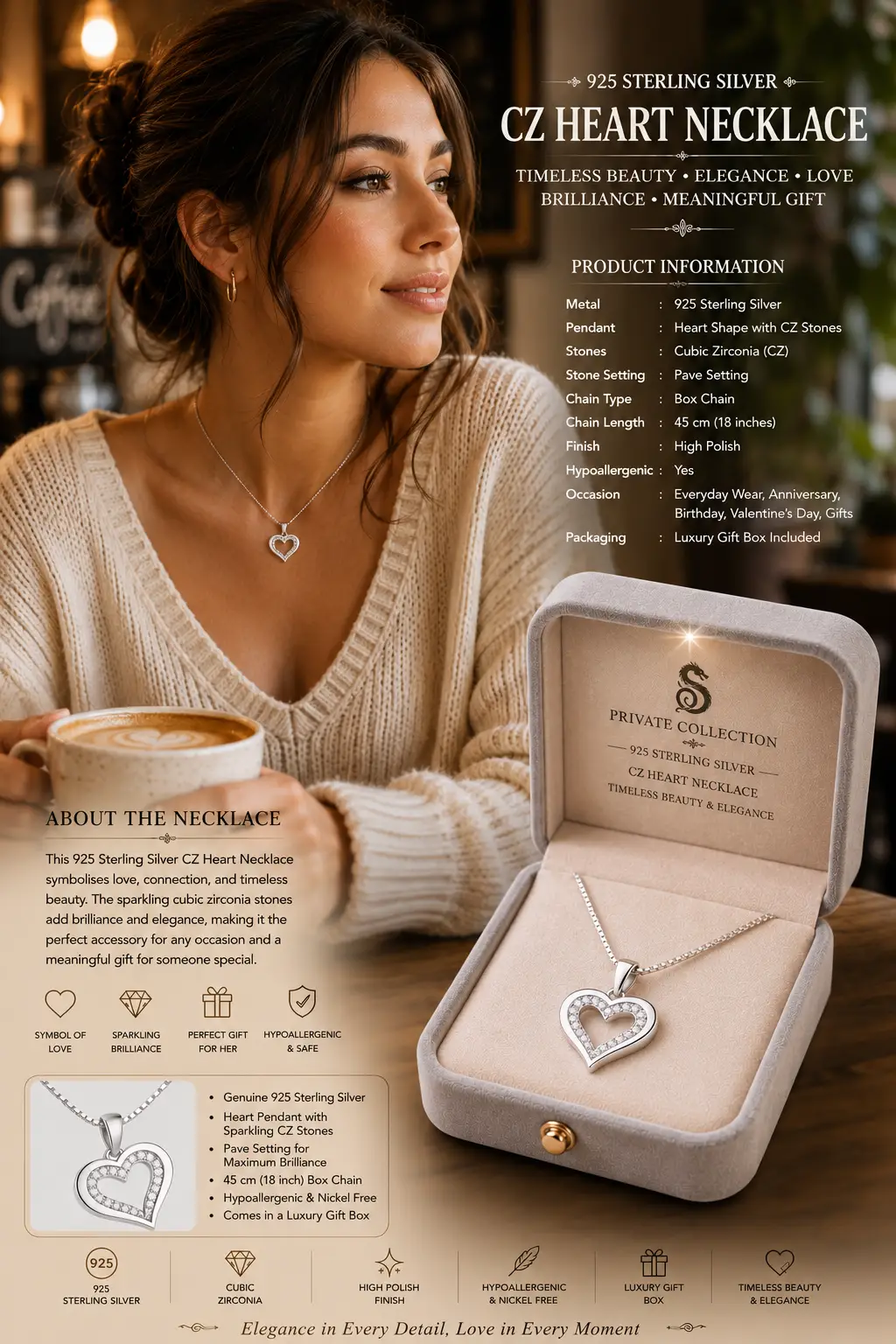 European Jewellery Cz Heart Shape Pendant Necklace Chain White Gold 925 Sterling Silver Romantic Zircon Charm Necklaces - Image 4
