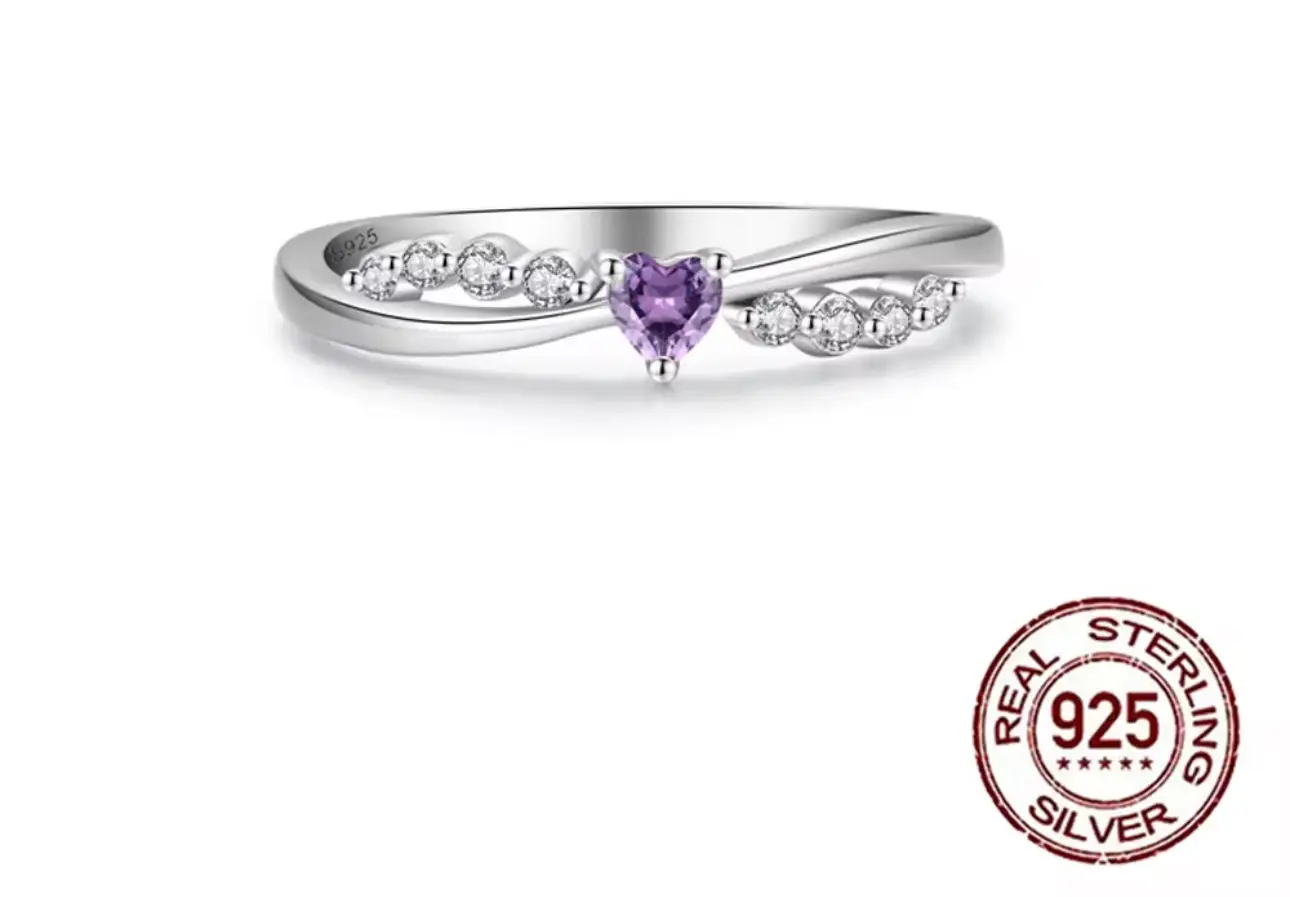 Dainty 925 Sterling Silver Cubic Zircon Purple Heart Shaped Ring - Image 11