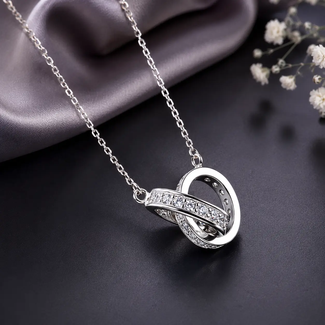 925 Sterling Silver Double Circle Rings Cross Chain Link Chokers Necklace - Image 3