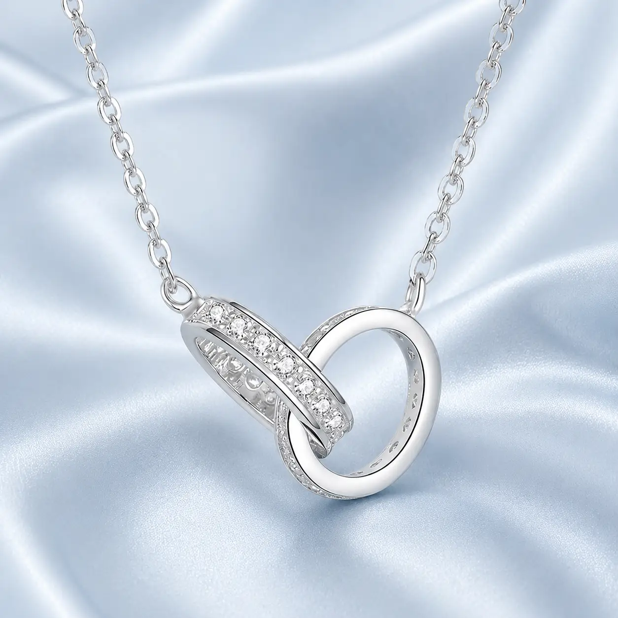 925 Sterling Silver Double Circle Rings Cross Chain Link Chokers Necklace - Image 4
