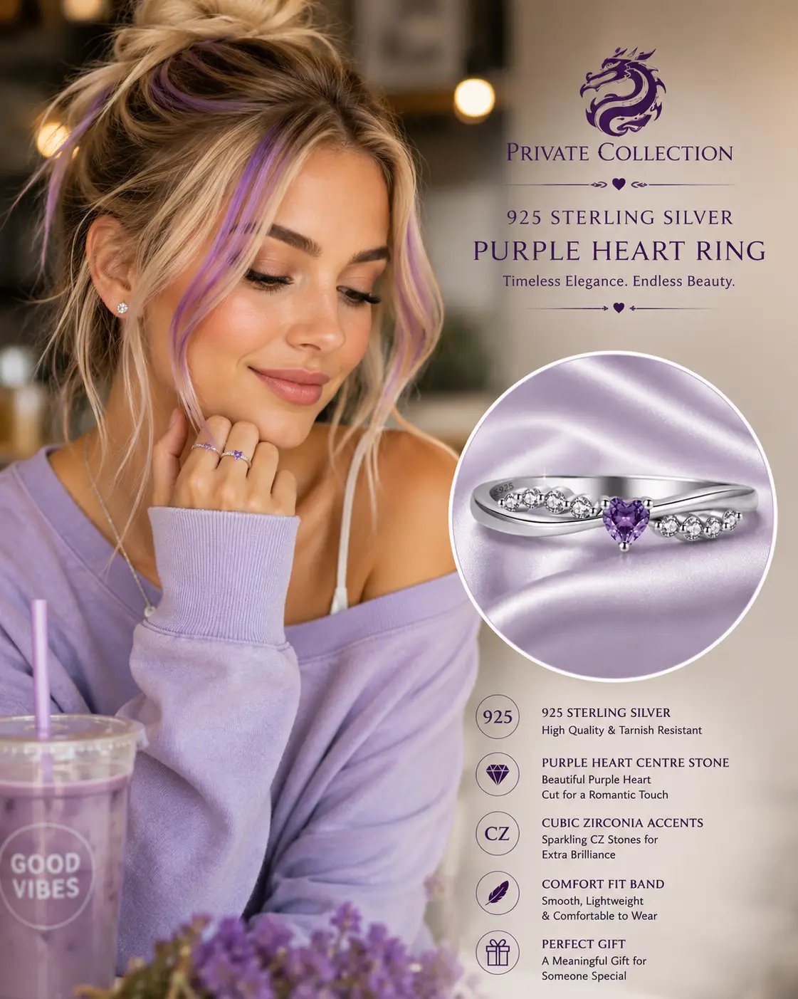 Dainty 925 Sterling Silver Cubic Zircon Purple Heart Shaped Ring - Image 5